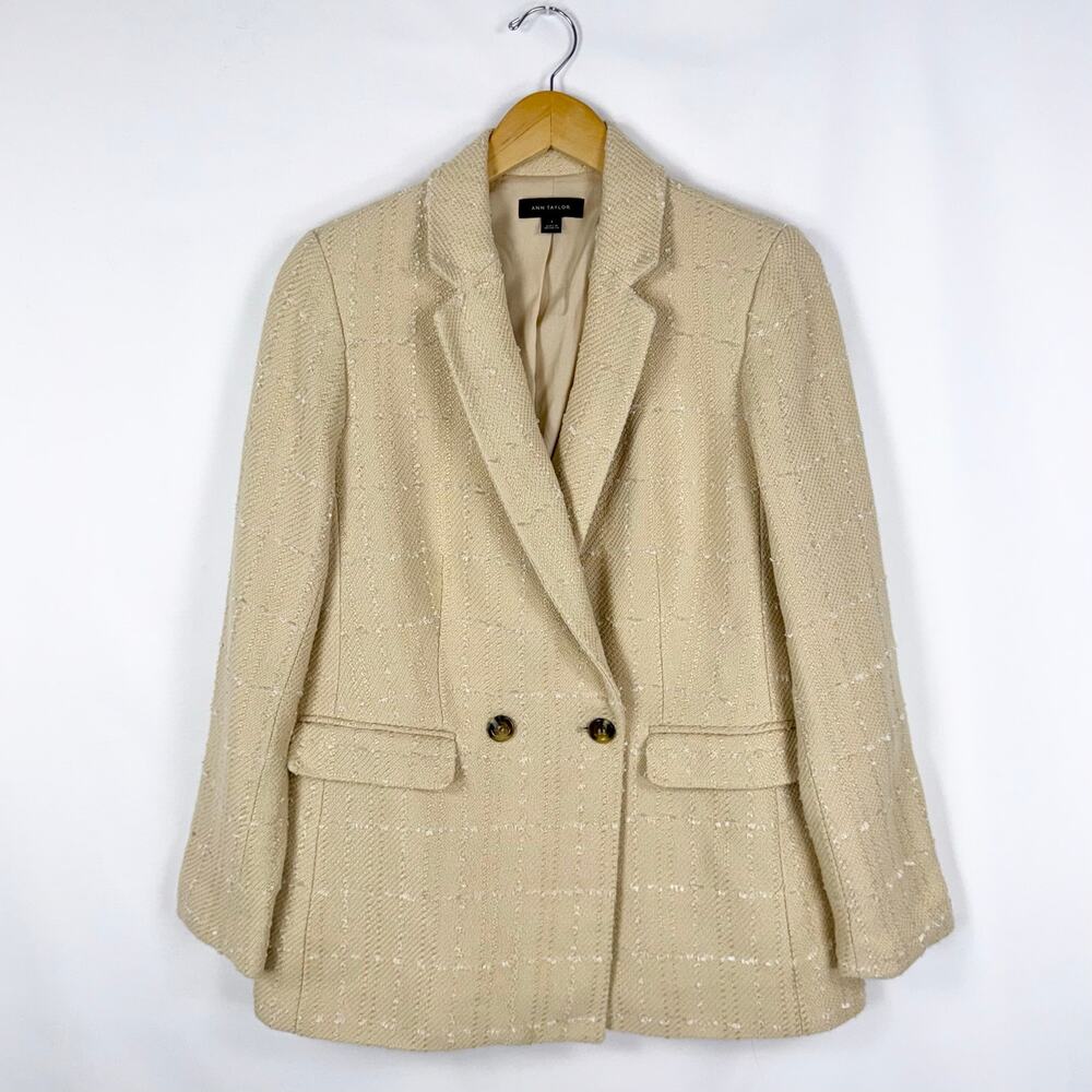 Ann Taylor Tweed Double Breasted Blazer Sports Coat Women's 6 Beige Academia
